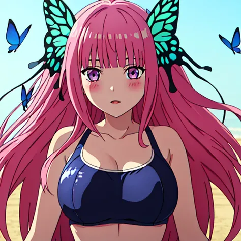 best quality, very aesthetic, Super detailed, best illustration, 1girl, おっぱい, pink_hair, blunt_bangs, butterfly_hair_ornament, school swimsuit