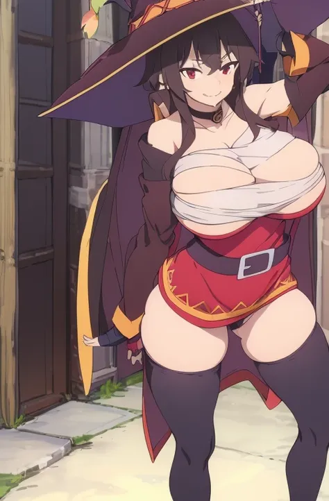 ((Best quality, 8k, Masterpiece :1.3)), (full body:1.5), megumin, kono subarashii sekai ni shukufuku wo!, 1girl, solo, (tall girl, 25 years old, milf), (Very slim and slender muscular body:1.3), (long leges:1.5), hat, witch hat, brown hair, short hair with...