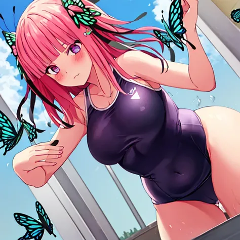 best quality, very aesthetic, Super detailed, best illustration, 1girl, おっぱい, pink_hair, blunt_bangs, butterfly_hair_ornament, school swimsuit