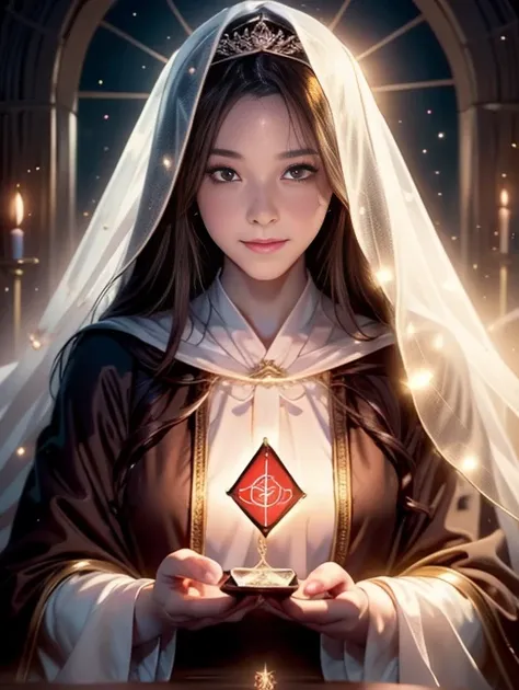 Mysterious woman doing tarot reading,Tarot Reading,cute face, straight hair, shiny hair,brown hair,veiled hair, white veil,Medieval mystery clothes,Mysterious fortune teller,Mysterious hermit,White Magician,magical lights,gentle smile,red eyes,red glowing ...