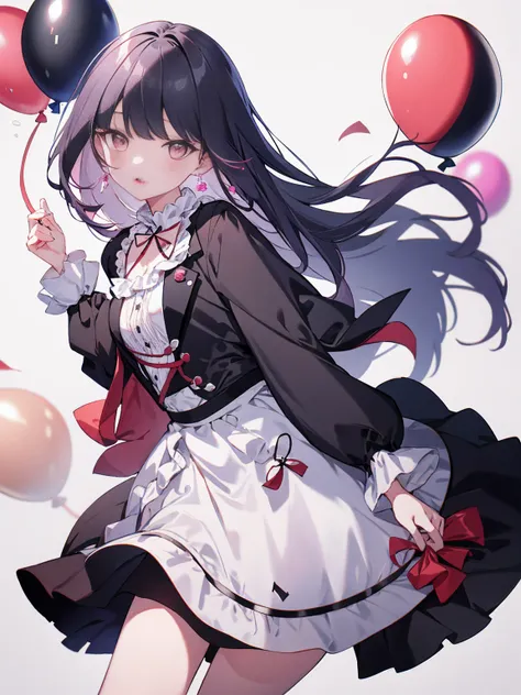 1 girl、black hair、pink eyes、long hair、mine series、balloon、white background、simple background