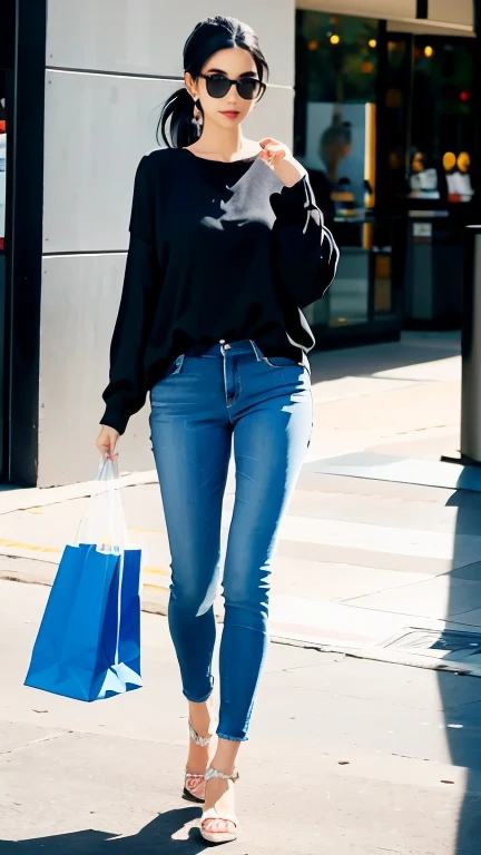 full body detailed image of a tall slender built American woman walking through the Lennox mall in Miami carrying shopping bags. Wearing tight jeans and and pink Gucci shirt and shades. Her straight black hair is pulled up in a tight ponytail. Cinematic, d...