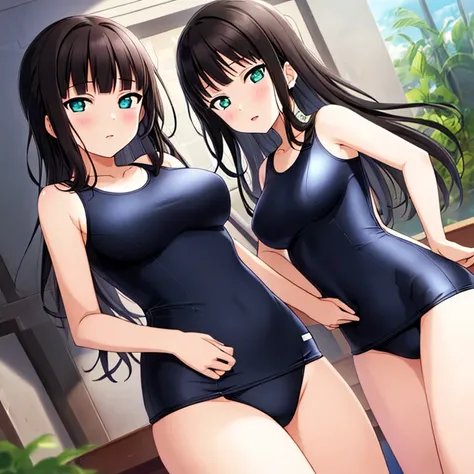 best quality, very aesthetic, Super detailed, best illustration, 1girl, おっぱい, black_hair, one-piece swimsuit