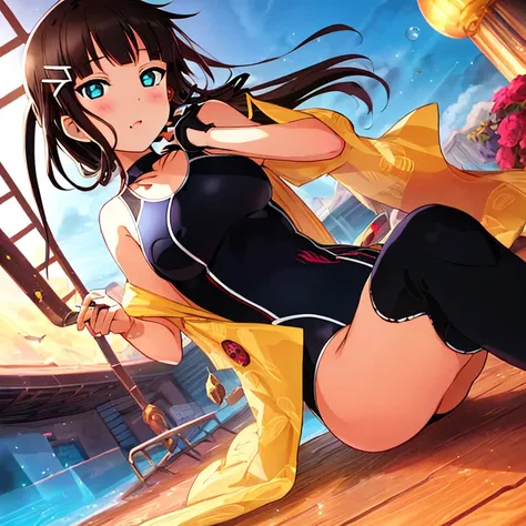 best quality, very aesthetic, super detailed, best illustration, 1girl, おっぱい, black_hair, one-piece swimsuit