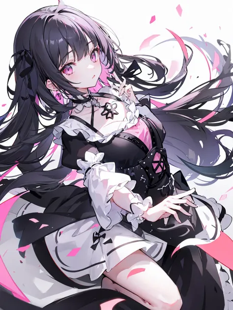 1 girl、black hair、pink eyes、long hair、black dress、ribbon、white background、simple background