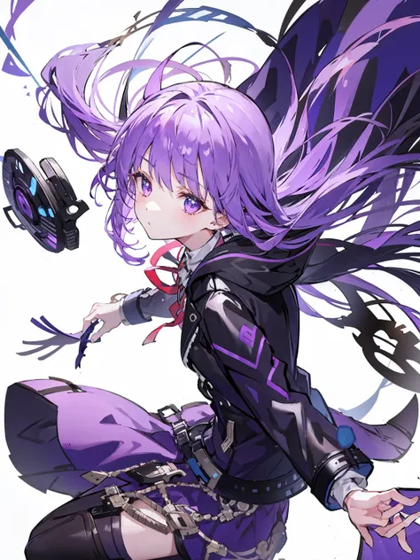 1 girl、purple hair、long hair、leather jacket、gas mask、balloon、ribbon、white background、simple background