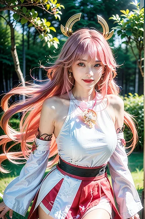 face lighting,bright backlight,medium breasts,super high resolution,best quality,Photos,4k,shenzi,1girl,yae miko,solo,long hair,pink hair,detached sleeves,looking at viewer,jewelry,bare shoulders,japanese clothes,bangs,wide sleeves,earrings,lips,hair betwe...