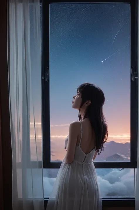 ((leaning against the window)) Back view of a pensive girl、looking at the night sky through the window、4K、cinematic