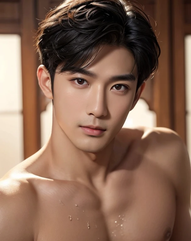 ((High quality)), ((masterpiece)), ((highly detailed)), perfect face, realistic, ((man)), ((Asian)), young, black hair, comma hair cut style, ((handsome)), detailed eyes, beautiful detailed nose, realistic body, realistic light, comfortable expressions, cu...