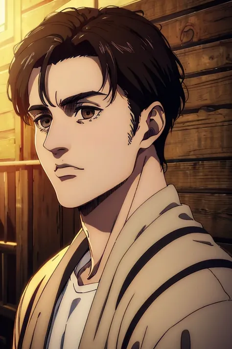 (best quality,4k,8k,highres,masterpiece:1.2),ultra-detailed,(realistic,photorealistic,photo-realistic:1.37), young male character, mappa art style, brown eyes, short black hair, sharp jawline, vibrant colors, dynamic lighting, behind him a cabin