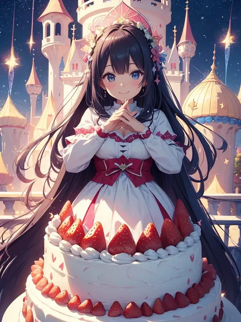 highest quality、Highest image quality、masterpiece、A castle made of a giant cake measuring 300 centimeters in height、、close up cake、Esbian、High quality、beautiful art、background((starry ski)))muste piece、visual art、Depth of bounds written、city of cakes、cake ...