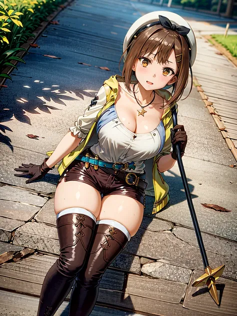 (Lie on your back on the ground:1.2), ((sexy look)), ((adult women)), riser, 1 girl, alone, shorts, gloves, belt bag, have, head ribbon, jewelry, 赤いshortsを着ている, brown hair, thick thighs, short shorts, bridal legwear, necklace, brown eyes, single glove, hai...