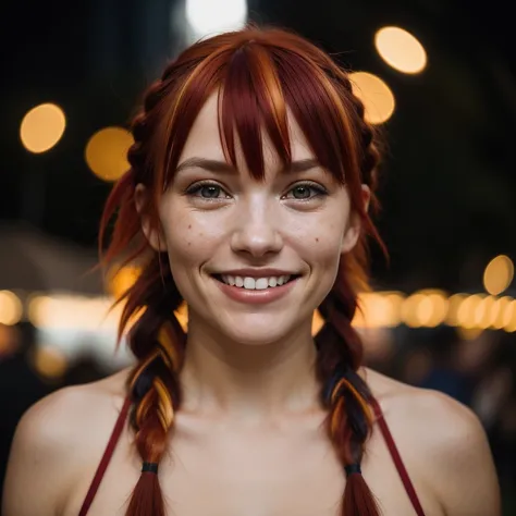 Fracekles on the face, streaked hair, red hair, bangs, braid, smiley, cinematic lighting, depth of field, blurry foreground, f/1.8, 85mm, Canon, wide shot, UHD, ccurate, super detail, high details, best quality