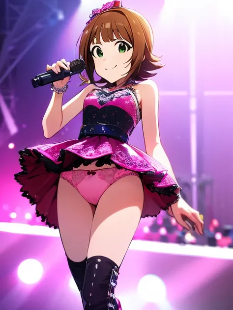 ((highest quality, 8K, idolmaster classic: 1.3, RAW photo)), sharp focus 1.1),Haruka Amami,alone, cute face, highly detailed face, green eyes、Brown Hair Bob,highlight,small smile, (Namco Pro,Idol Costume 1.5), concert hall, (Show pink lace panties:1.1), fr...