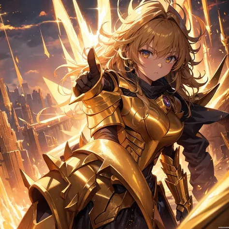 (masterpiece), (highest quality), (1 girl), Girl in golden armor, cool pose, battlefield background, background on fire, Saint Seiyas Armor, messy hair, broken armor, tattered clothes