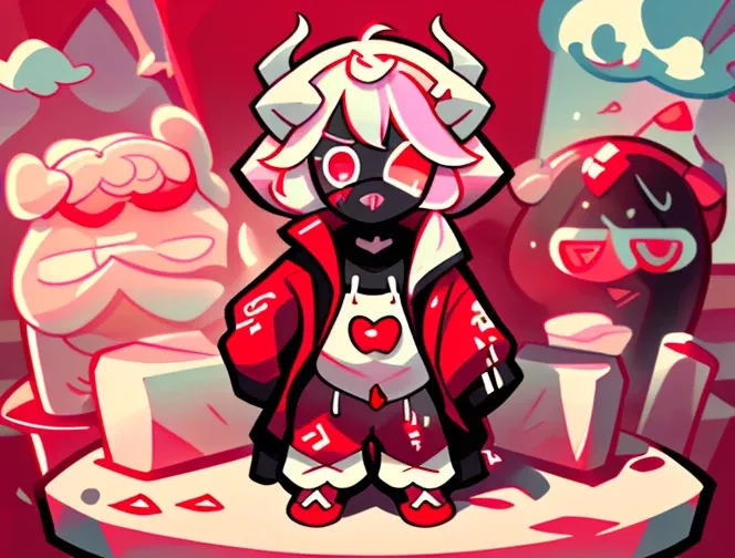 whole boby of the vanilla cherry cookie in china mall, silver pink hair, short wavy hair, messy hair, demon horns, eyepatch, red...