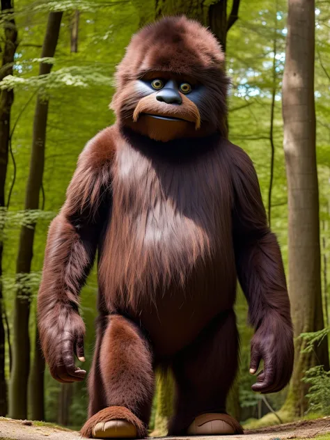 full length photo of a very large realistic sasquatch puppet, made from dark brown long fur and leather, big foot, jim henson style, like ludo from labyrinth