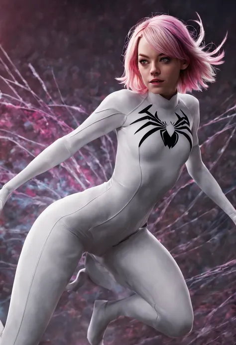 emma stone cosplaying as spider gwen, spider girl white costume, medium breasts, sculptural body, whole body, emma stone, real f...