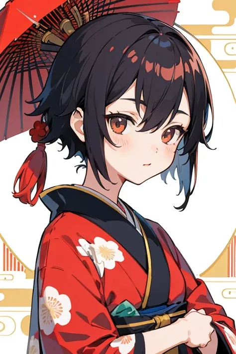 (finely best quality illustration:1.2), (kawaii girl:1.0), (1girl, solo:1.0), (black short hair:1.0), (red kimono, tsubaki pattern:1.0), (smile:0.6), (upper body:1.0), (ultra-detailed, highres:1.0),