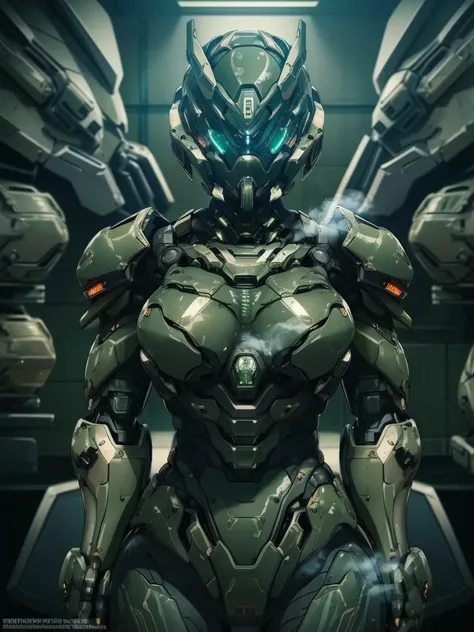 rough skin, Super detailed, advanced details, high quality, 最high quality, High resolution, 1080P, hard disk, beautiful,(War Machine),beautiful cyborg middle aged woman,Mecha cyborg girl,(dark green armor)((big damage)),woman with mechanical body、彼女は未来的なWa...