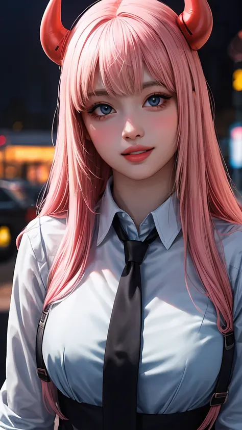 1girl, long pink hair, red horns, white collared shirt, black necktie, light smile, yellow eyes, corneo_power,, buildings,shops,town streets, dark sky, scenery,neon signs,night city, japanese lyrics,, , absurdres, detailed eyes, extremely detailed, volumet...