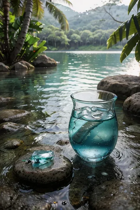 a glass of water is placed on a rock in a green environment, Prado verde, pedras, Calm lake water, gotas de orvalho, umidade, Gelo, Luz suave, foco nos detalhes, azul claro e verde, Mysterious tropical areas, Tiroteio Nikon, photorealistic rendering, melho...