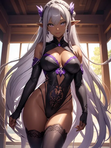 cute elf girl，(Slender narrow eyes:1.3), (purple eyes:1.4), ((long hair with gray hair:1.3)), braided hairstyles, ((dark brown skin:1.3)), ((E-cup glossy breasts, thin waist, big and firm buttocks))，Ultra HD with attention to detail，Professional lighting a...