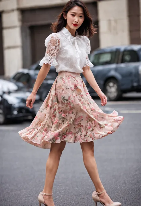 5 8K UHD、woman,30s、Nostalgic beauty、Feminine style：Tops and dresses with frills or lace、I often choose a skirt。Soft colors and floral patterns are also popular.。heels and flat shoes etc.、womanらしいアイテムを合わせます。