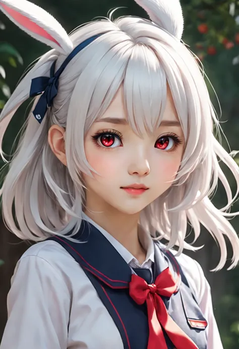 (high quality, anime style, vivid colors), anime girl, with beautiful white hair and vibrant red eyes. she has a shy blush on he...