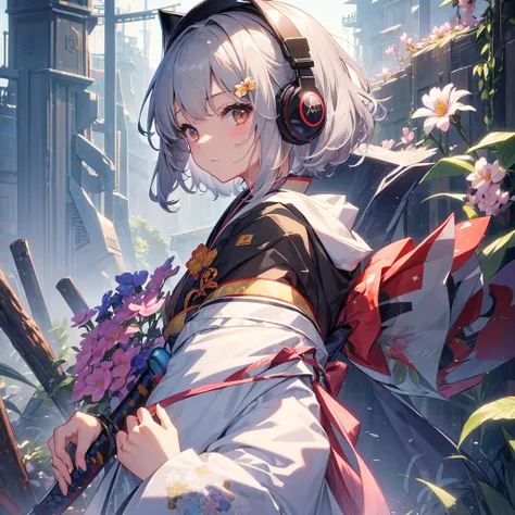 1 girl、solo、bust、Gaze averting、gray hair、hair ornaments、kimono、Scenery of the cyber world、Hold in hand、short hair、Brown eyes、From the side、Upper body、(arms、Katana、Katanaを持つ)、gem、flower、髪にflower、headphones