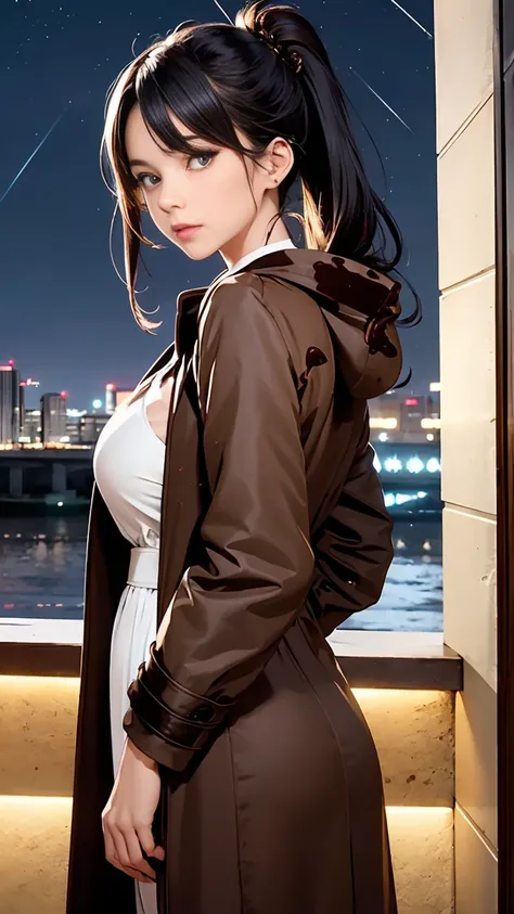 winter in japan, woman１people々, (black hair ponytail), She has beautiful sparkling purple eye color, curvaceous body, D cup breasts, big ass, ((smooth chocolate crust:1.5)), masterpiece, highest quality,(realistic: 1.4),ultra high resolution, unity 8k, (fi...