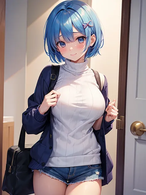 masterpiece,highest quality,High resolution ,1 girl,Rem, Re Zero, blue hair, short hair,straight hair, ((thin)),big breasts,white skin,sweater(Uncool),カラフル sweater,不思議な柄のsweater,clothing:sweaterのみ,more_detailed:-1, more_detailed:0, more_detailed:0.5, more_...