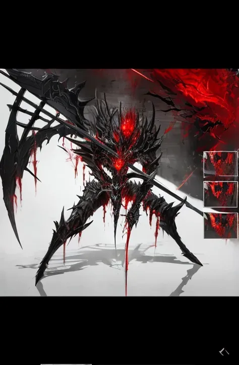 Close-up of a man holding a sword in the room, chaos nightmare ❄️ amour venom, from the night of the ark, scythe design, code pulse, huge scythe, Warframe full of artistic flavor, bloody + concept art, from ncsoft, demonic dragon inspired armor, 😱 Chaos·Ni...