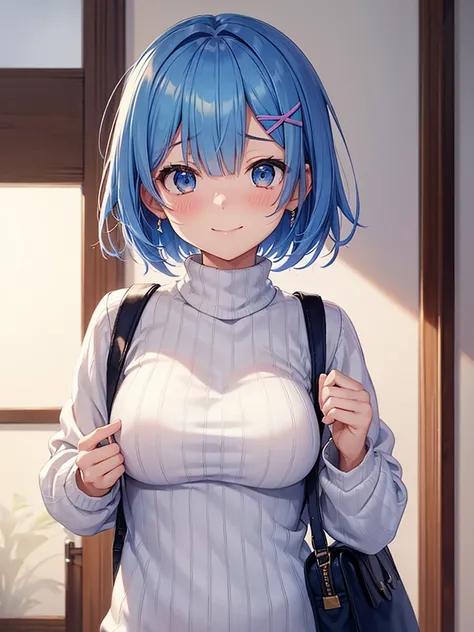 masterpiece,highest quality,High resolution ,1 girl,Rem, Re Zero, blue hair, short hair,straight hair, ((thin)),big breasts,white skin,(sweater(Uncool),カラフル sweater,不思議な柄のsweater),((border,stripe)),(clothing:sweaterのみ),bags under eyes,smile, embarrassed fa...