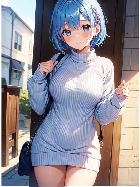 masterpiece,highest quality,High resolution ,1 girl,Rem, Re Zero, blue hair, short hair,straight hair, ((thin)),big breasts,white skin,(sweater(Uncool),カラフル sweater,不思議な柄のsweater),((border,stripe)),(clothing:sweaterのみ),bags under eyes,smile, embarrassed fa...