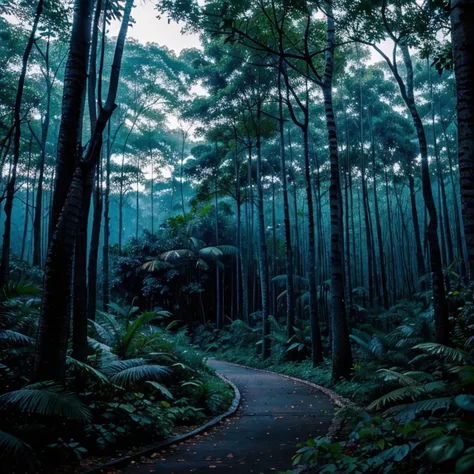 Watercolor tropical blue forest at dusk 