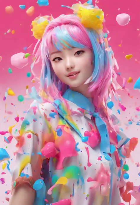 (Masterpiece, Best Quality, High Resolution), White Background, ((Paint Splash, Color Splash, Splash of Ink, Color Splash)), Sweet Chinese Girl, Rainbow Hair, Pink Lips, Front, Upper Body