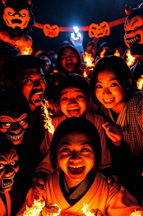 a teenage girl, capturing a selfie with a smile in the depths of hell, 
the infernal scenery of Japanese hell, with oni and yokai subjecting individuals to torture, (ethereal flames:1.25), (yokai-infested:1.3), (sinister oni:1.3), (chilling details), (dark...