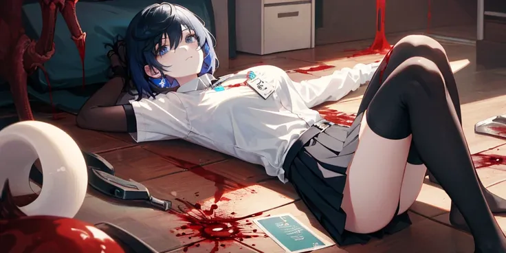 (Lie on the ground:1.2), Yelan, 1 girl, alone, ((white shirt)), black Thighhighs, huge breasts, cleavage, uniform, office background, black skirt, pleated skirt, office, ((Killed)), dutch angle, ((Sea of Blood)), ((Bloody Body)), (rape face), (Put your arm...