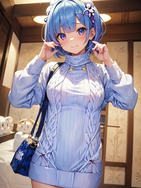 masterpiece,highest quality,High resolution ,1 girl,Rem, Re Zero, blue hair, short hair,straight hair, ((thin)),big breasts,white skin,((sweater(Animal pattern),((胸にAnimal pattern柄のsweater)))),((stripe)),((clothing:sweaterのみ)),bags under eyes,smile, embarr...