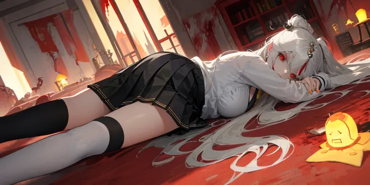 (Lie on the ground:1.2), Ning Guang, 1 girl, alone, ((white shirt)), black Thighhighs, huge breasts, cleavage, uniform, office background, black skirt, pleated skirt, office, hair between eyes, ((Killed)), (cinematic lighting), dutch angle, ((Sea of Blood)...