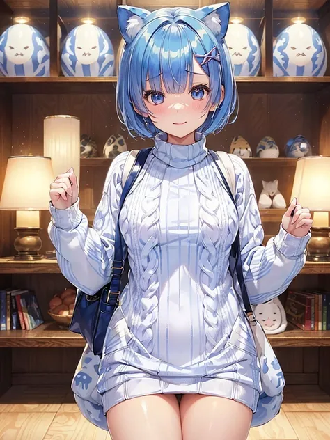 masterpiece,highest quality,High resolution ,1 girl,Rem, Re Zero, blue hair, short hair,straight hair, ((thin)),big breasts,white skin,((sweater(Animal pattern),((胸にAnimal pattern柄のsweater))Transparent)),((stripe)),((clothing:sweaterのみ)),bags under eyes,sm...