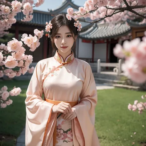 Peach blossoms flutter in the wind，A beautiful woman in Chinese costume。