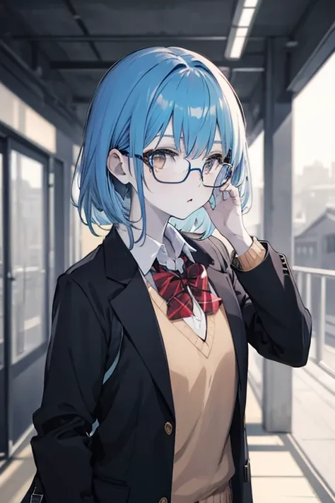 1 zombie, mature, school uniform,jacket, cute,  anime,blue hair, white skin, gray eyes,school corridor, glasses