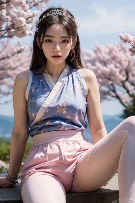 with blue sky and white clouds，mountain in the distance，pink flowers，cherry trees，Hanfeng girl,phoenix crown tiara、Dense embroidery、Wearing Hanfu pantyhose、wearing sleeveless Hanfu、You can clearly see the transparent pants、Look at the oversized breasts in ...