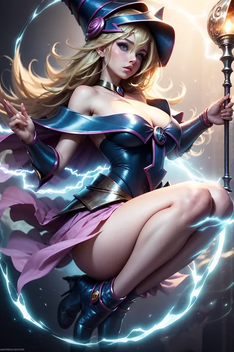 (masterpiece:1.2), (best quality:1.2), perfect lighting, Dark Wizard Girl Casting Spells, floating in the air, big breasts, neckline, magic background. hat, From above, A flash of magic