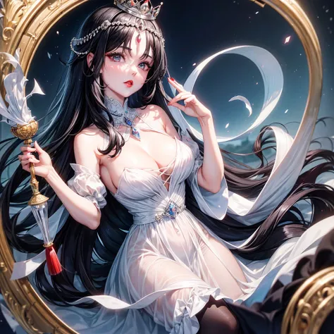 30 years old girl medium size eye her eyes are sky blue colour black hair medium size lips long hair white skin tone red lips she is wearing a royal Princess dress (black) wearing glass hill she has a crown in her head