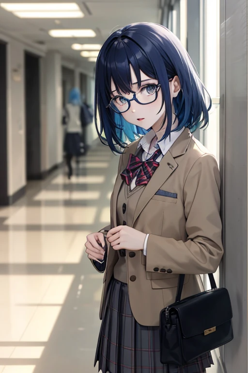 1 zombie, mature, school uniform,jacket, cute,  anime,blue hair, white skin, gray eyes,school corridor, glasses