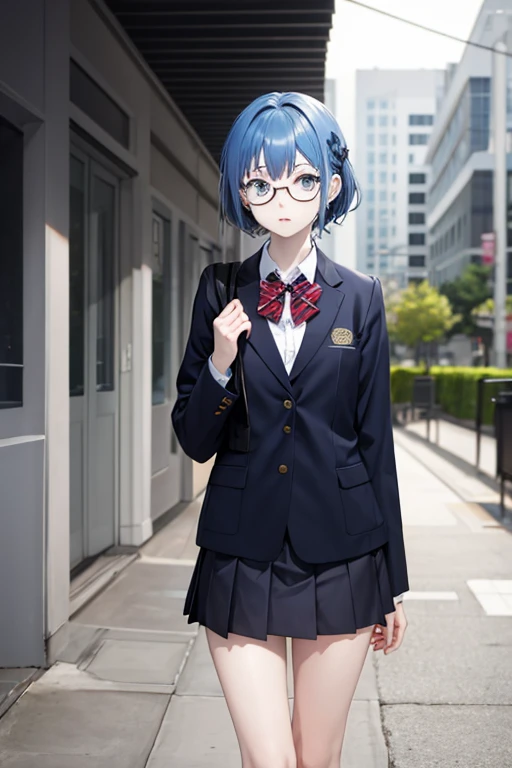 1 zombie, mature, school uniform,jacket, Cute,  anime,blue hair, White skin, gray eyes,School Corridor, glasses