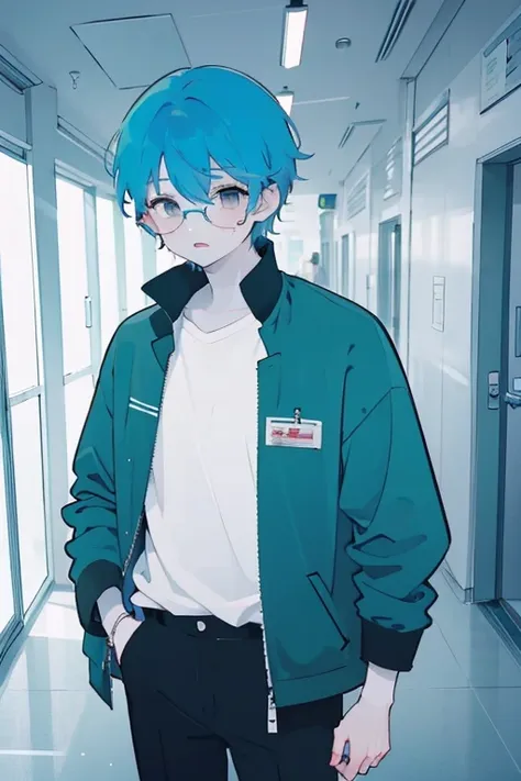 1 zombie, mature, man, White shirt,jacket, Cute,  anime,blue hair, White skin, gray eyes,School Corridor, glasses